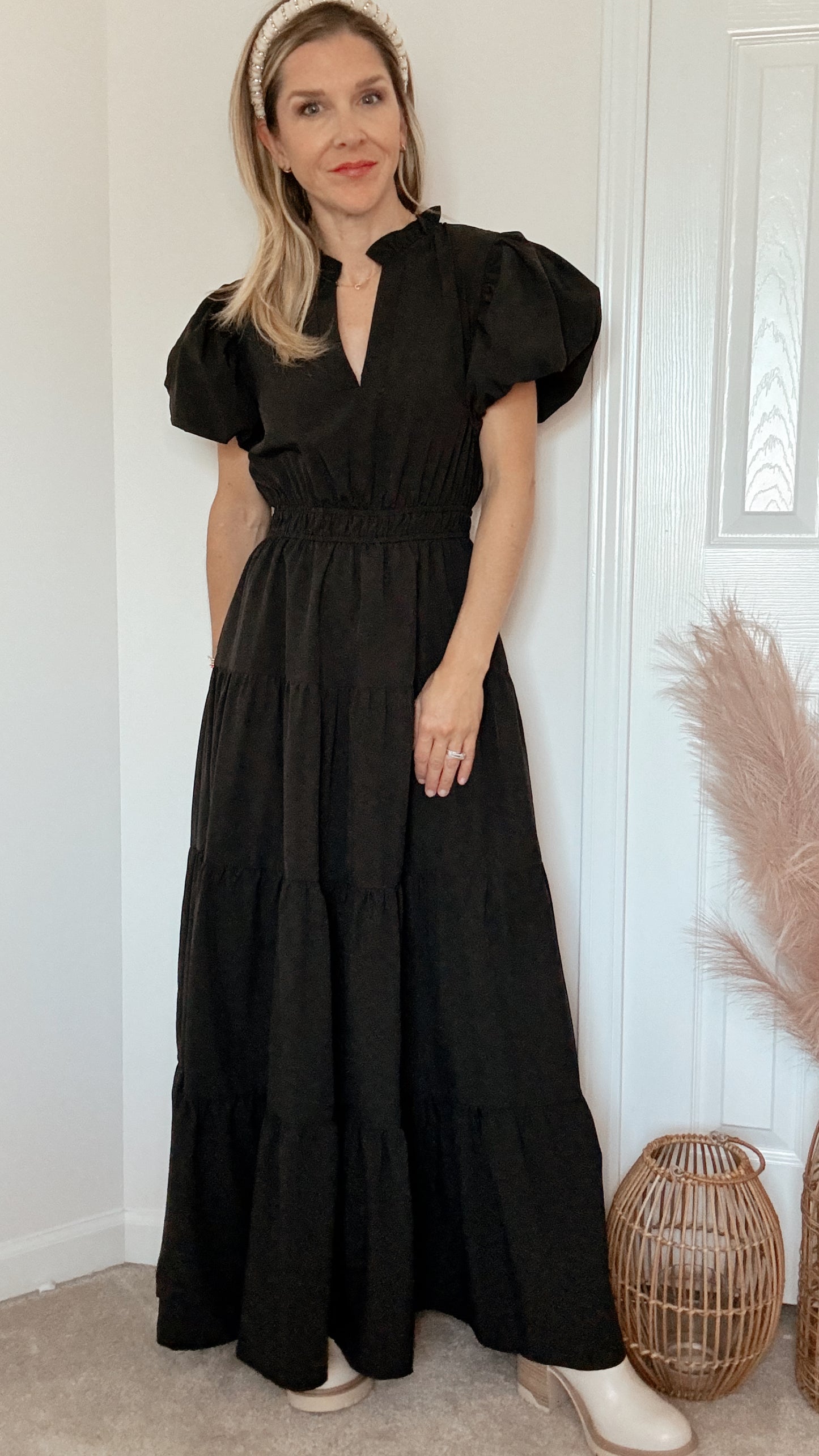 Black puff sleeve midi dress