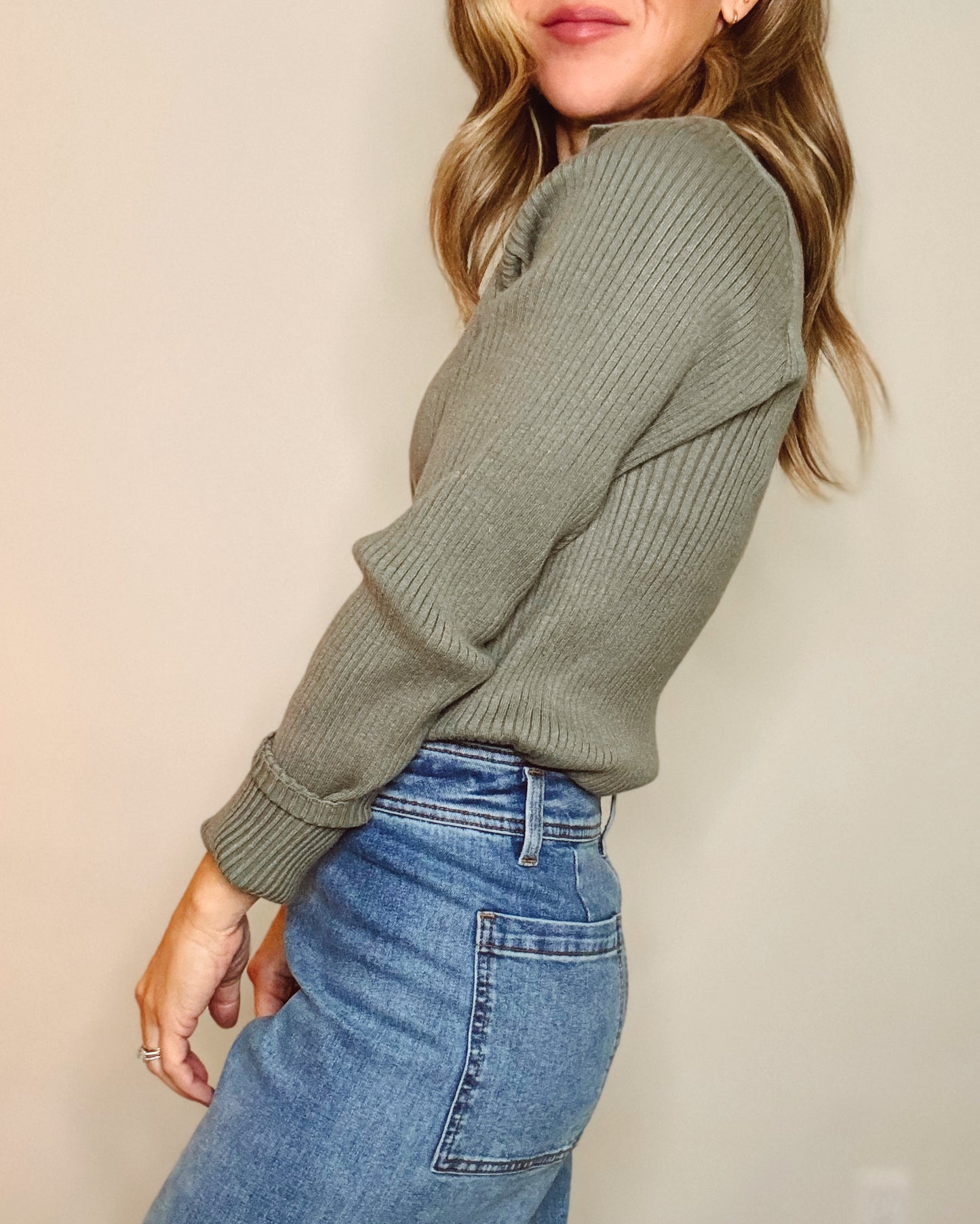 Yours Truly Ribbed Knit Top - Olive Green