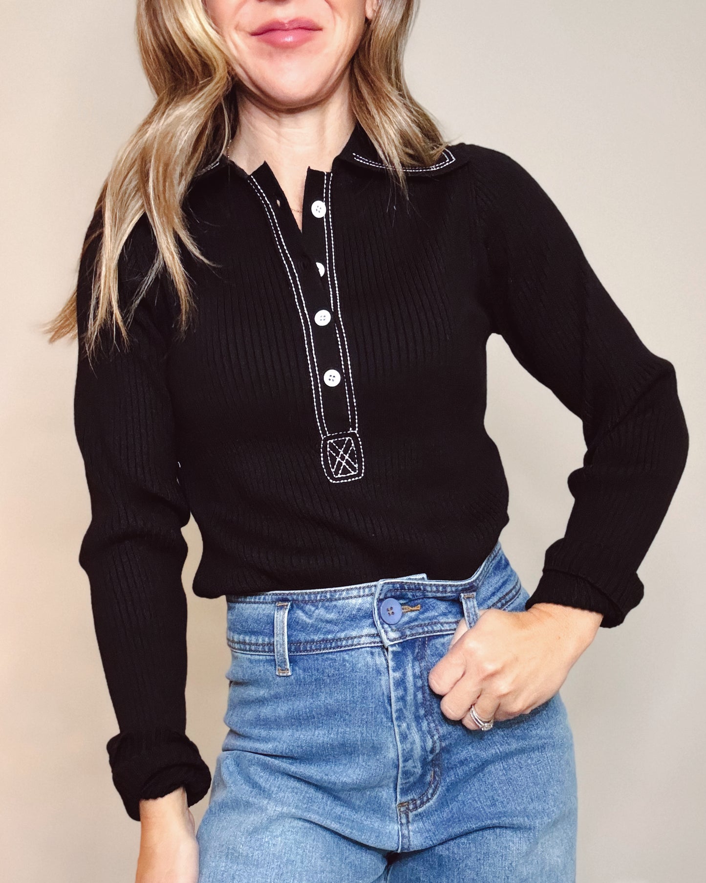 Yours Truly Ribbed Knit Top - Black