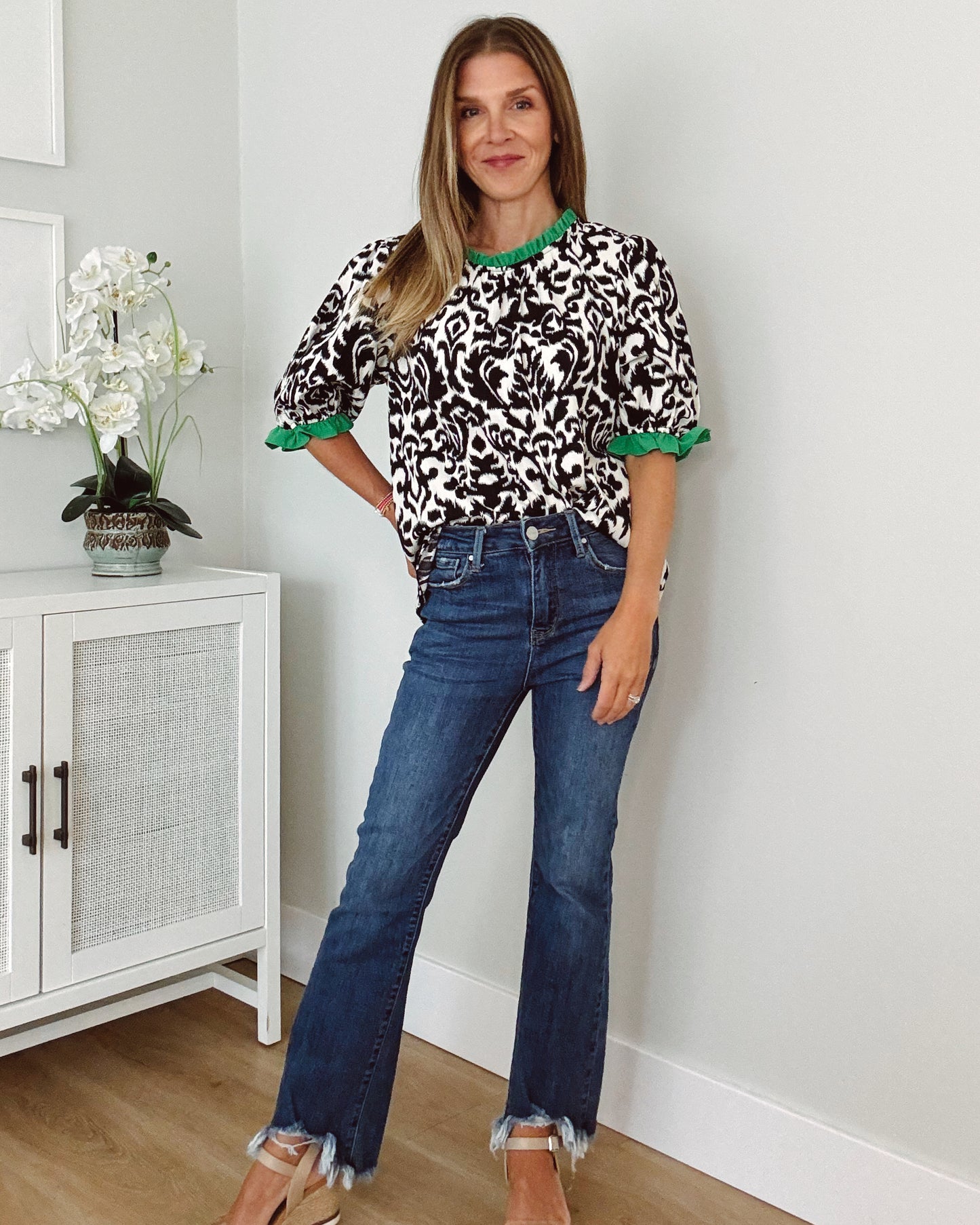 Green Ruffle Detail Printed Top