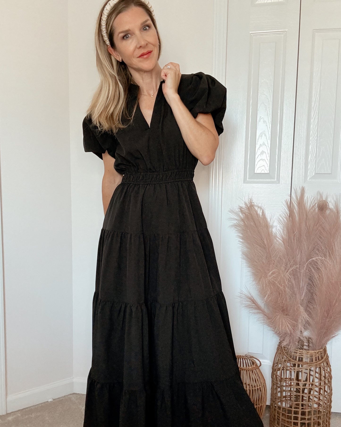 Puff Sleeve Tiered Midi Dress - BLACK