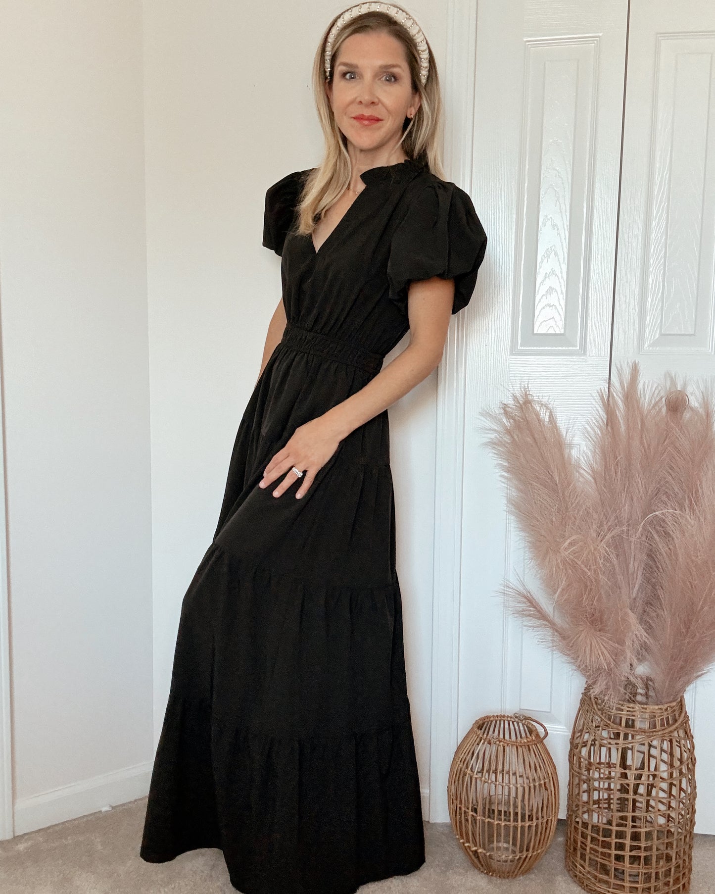 Puff Sleeve Tiered Midi Dress - BLACK