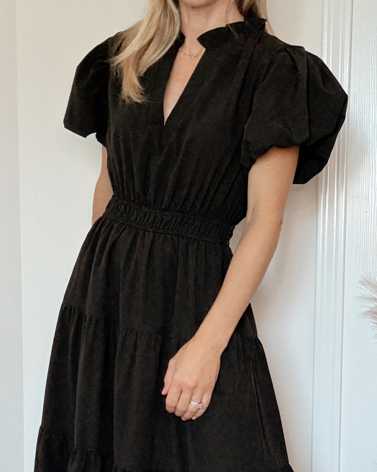 Puff Sleeve Tiered Midi Dress - BLACK