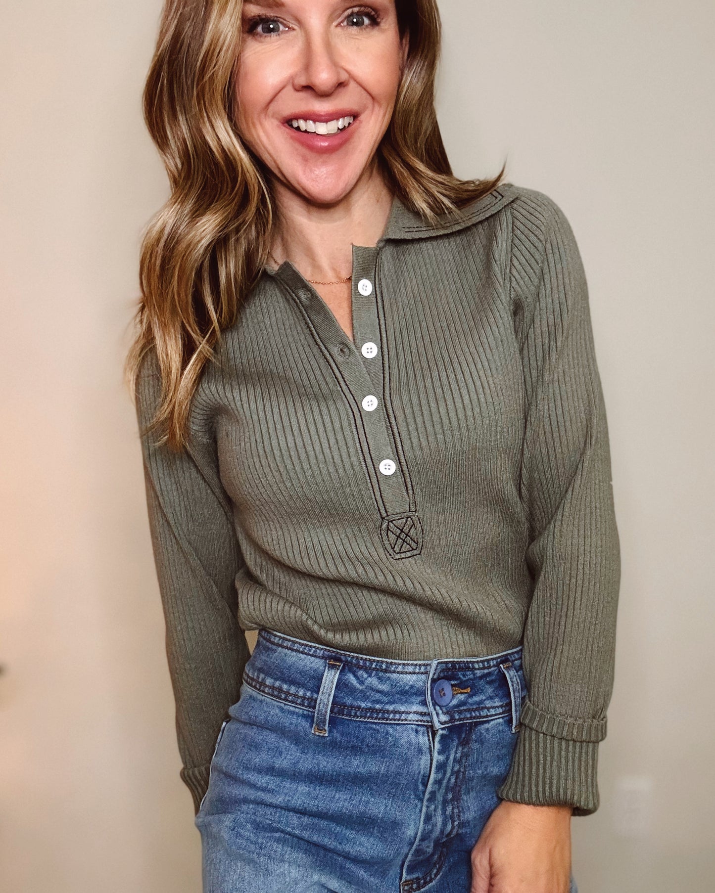 Yours Truly Ribbed Knit Top - Olive Green