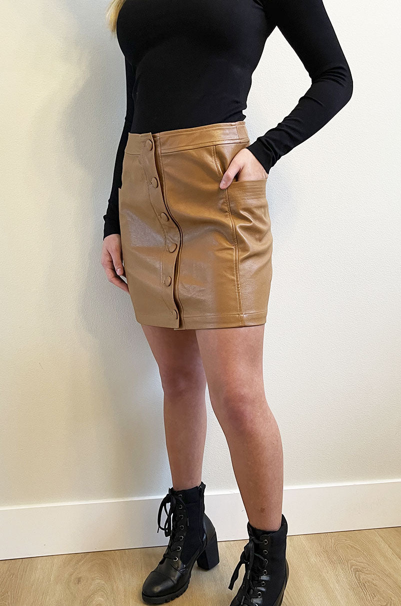 Talk of the Town Tan Leather Skirt