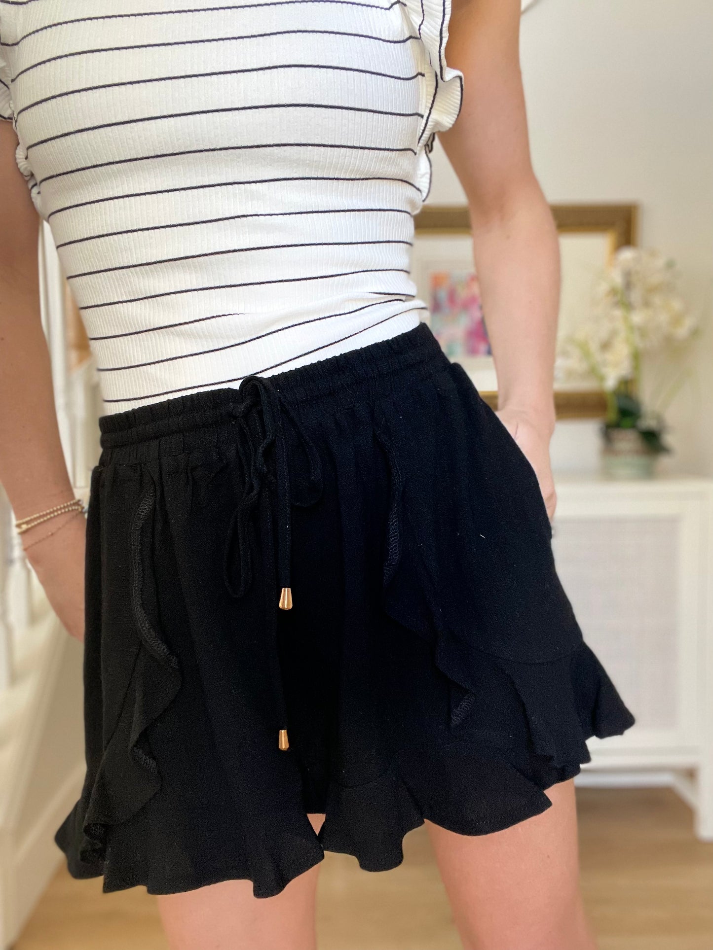 Black Linen Ruffle Shorts