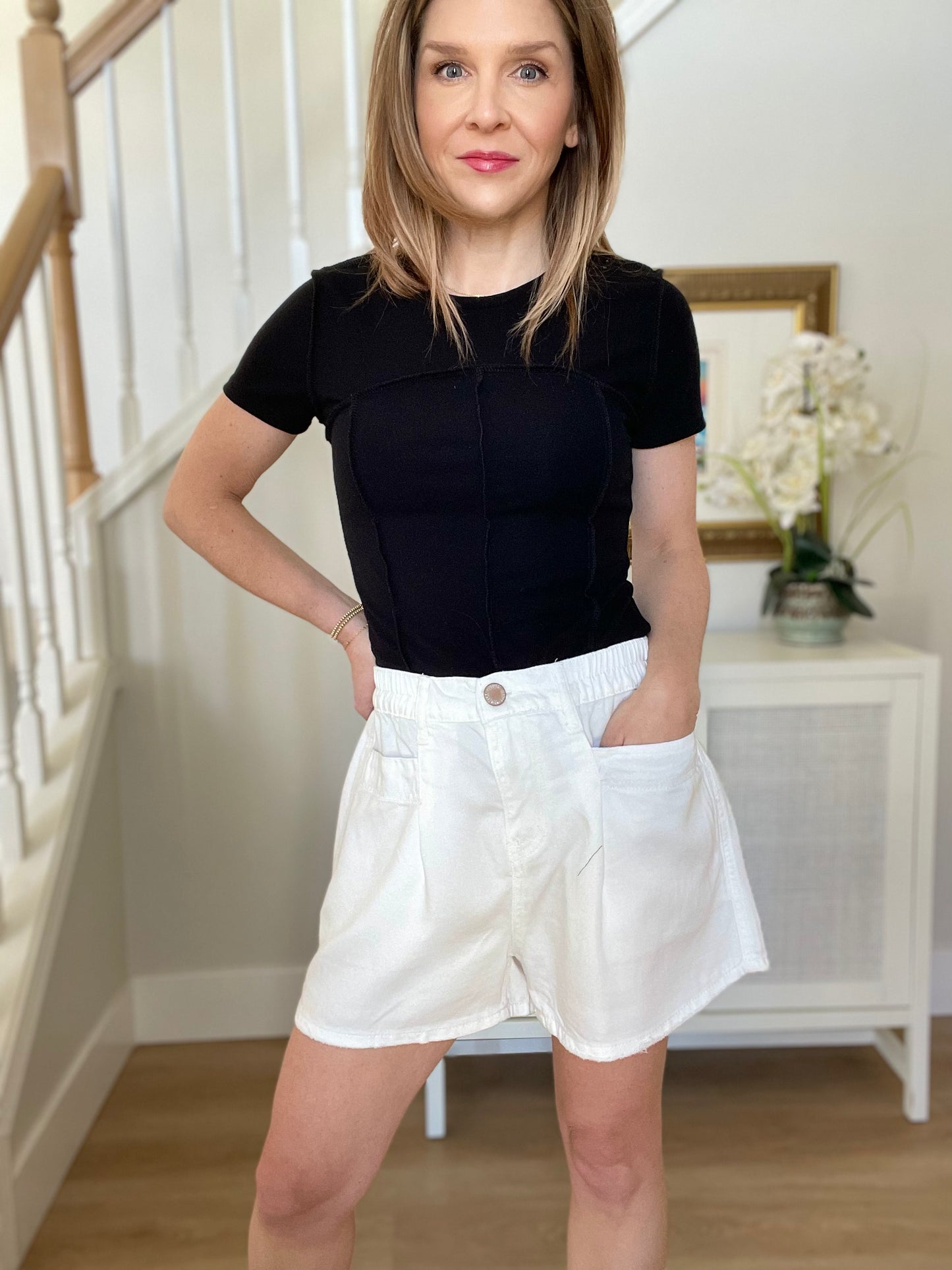 White Tencel Shorts with Raw Hem