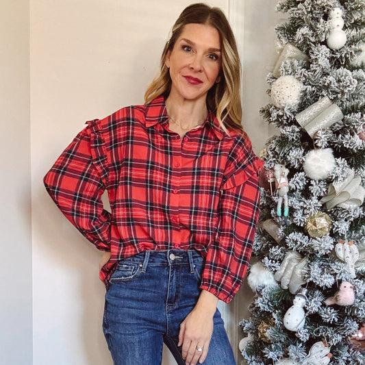 Red Plaid Ruffle Blouse