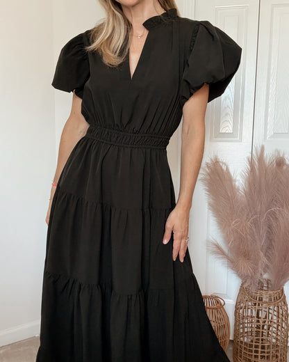 Puff Sleeve Tiered Midi Dress - BLACK