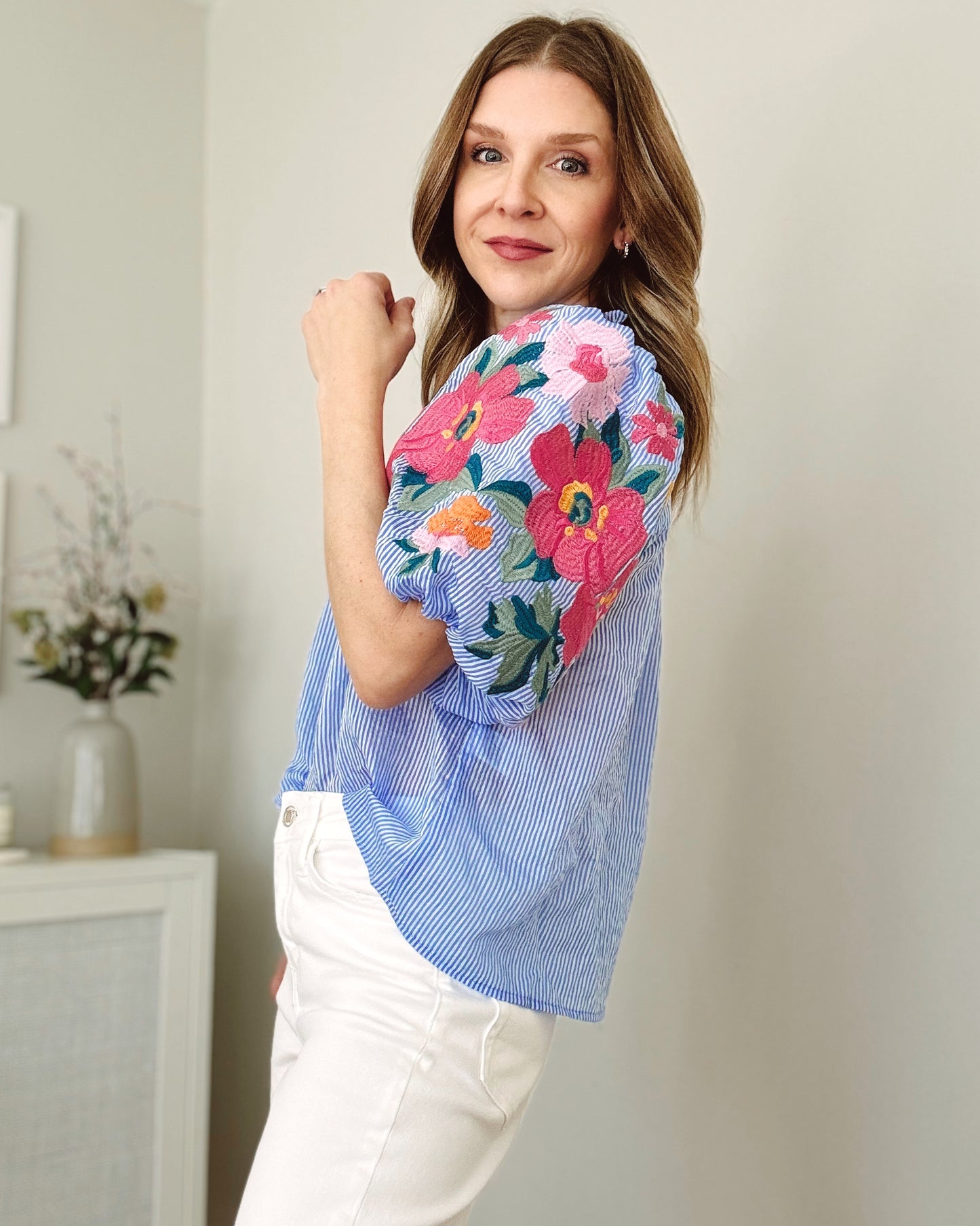 Striped Embroidered Flower Sleeve Top
