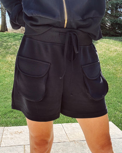 Comfort Cargo Drawstring Shorts - Black