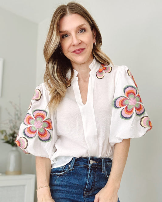 Embroidered Flower Sleeve Top