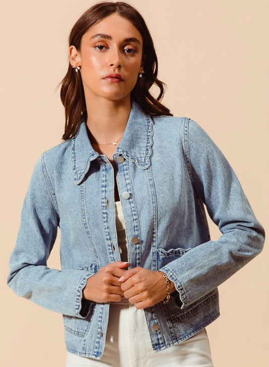 Washed Denim Jacket with Scalloped Edge