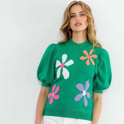 Green Flower Knit Top
