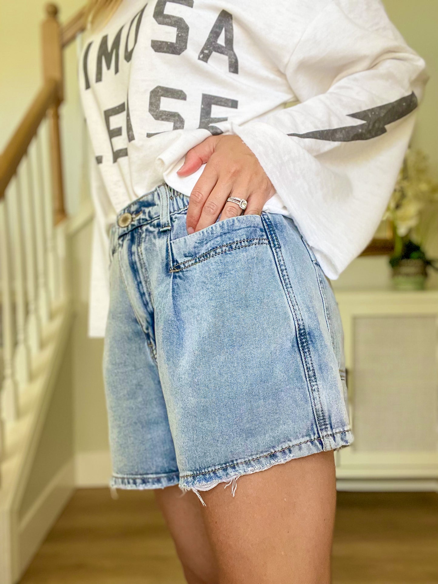 Denim Tencel Shorts with Raw Hem