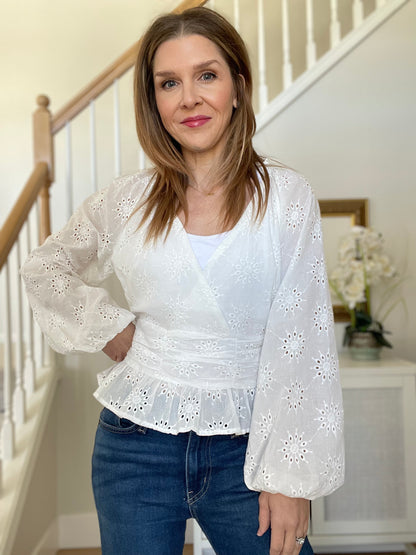 White Eyelet Crossover Top