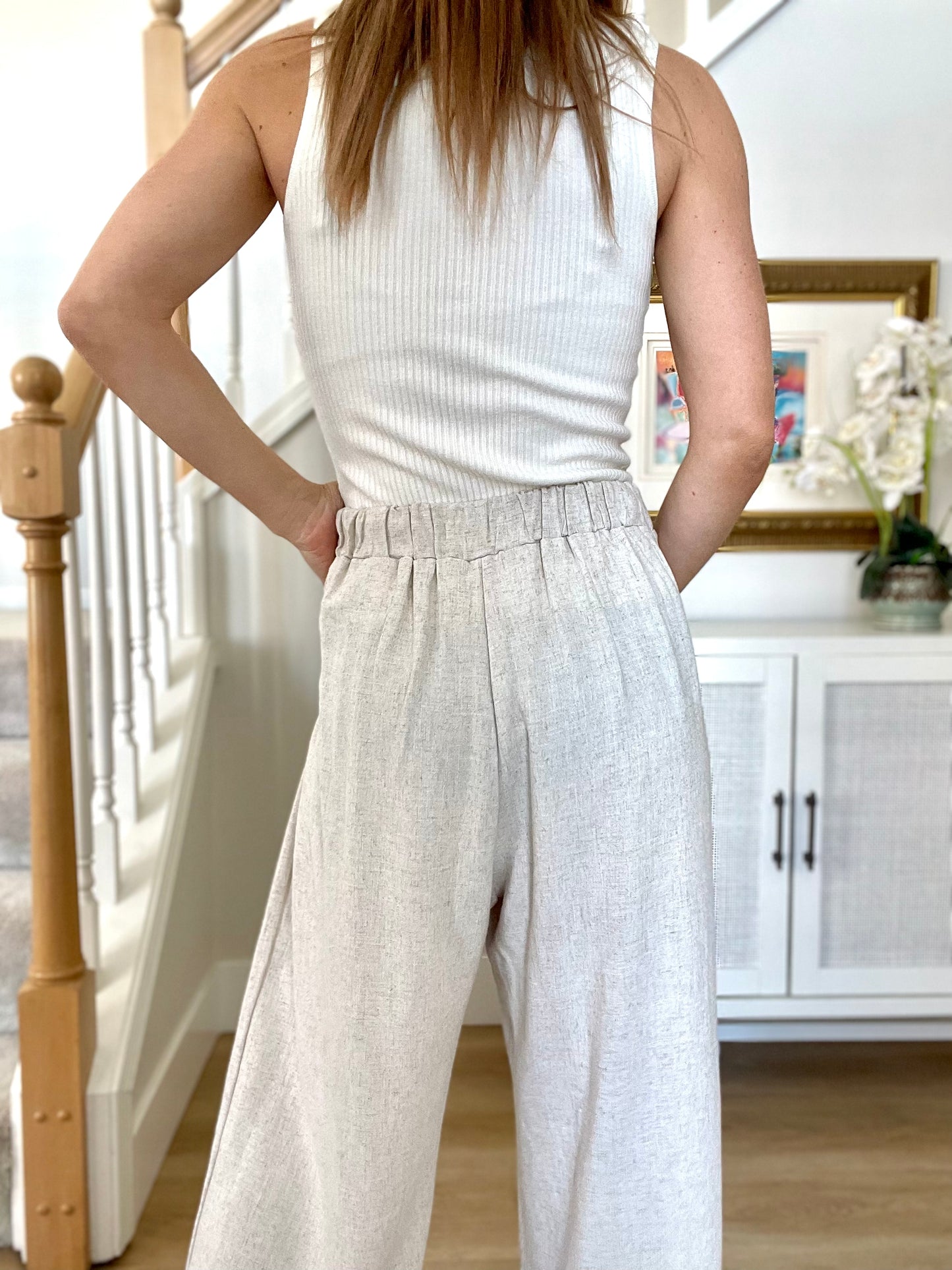 Pleated Cropped Palazzo Linen Pants - Oat