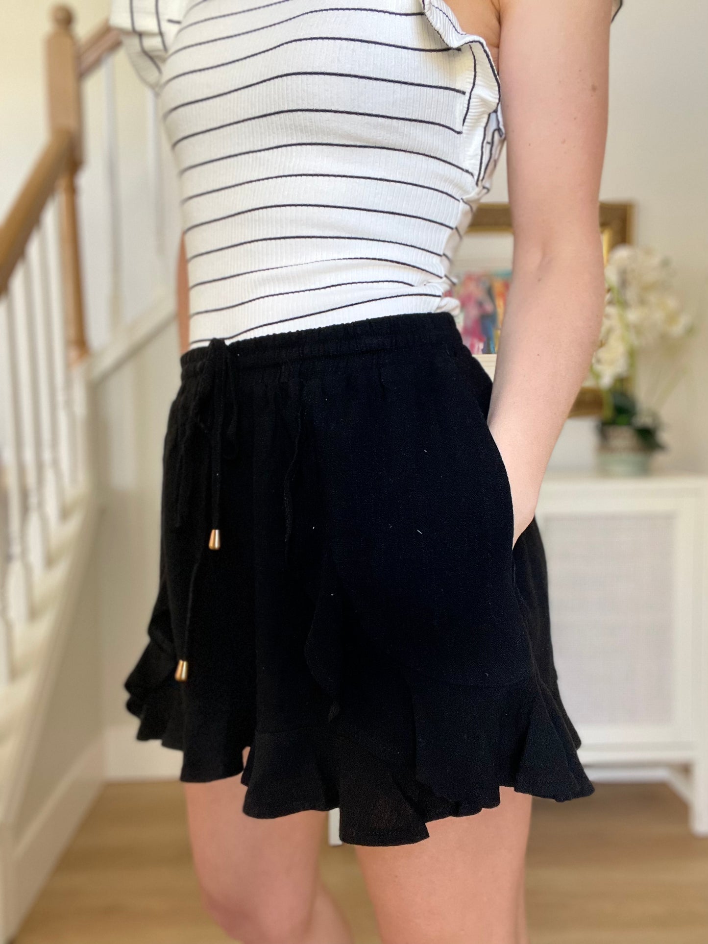 Black Linen Ruffle Shorts